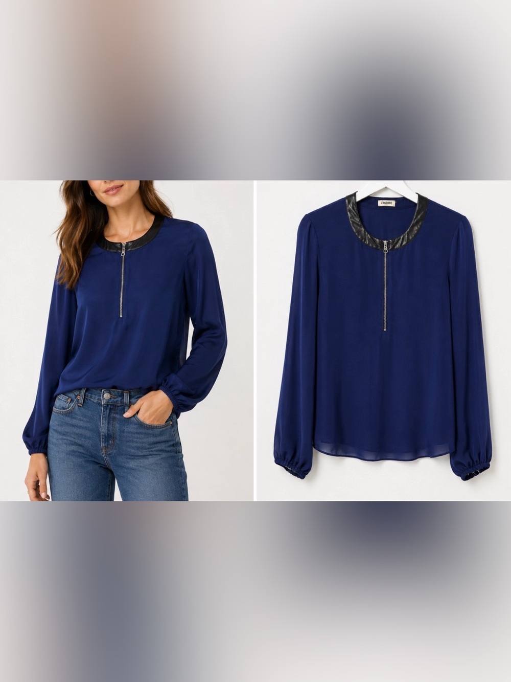 L'AGENCE 100% Blue Silk Shirt w/‎ Faux Trim- Size 0